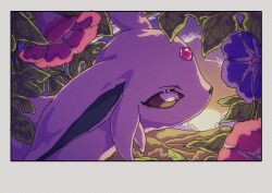  absurdres animal_focus clouds espeon flower forehead_jewel highres looking_at_viewer no_humans onamuzi_illust outdoors pokemon pokemon_(creature) pokemon_focus purple_fur sky sun 