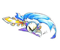  1boy blue_cape boots cape full_body holding holding_sword holding_weapon kirby_(series) mask meta_knight no_humans purple_boots signature simple_background solo sword to_the_maxio weapon white_background 