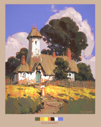  1girl absurdres artist_name black_hair border brown_border brown_dress clouds commentary cottage_(building) dress english_commentary facing_viewer fence highres house landscape original outdoors painterly path purple_sky raja_nandepu scenery sky stairs standing tan tower tree white_dress wooden_fence 