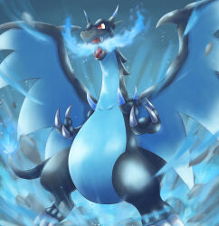  absurdres blue_fire breath_weapon breathing_fire charizard claws commentary dragon fangs fire flame-tipped_tail giovanni_(giogiofx0083) highres mega_charizard_x mega_pokemon no_humans open_mouth pokemon pokemon_(creature) pokemon_focus red_eyes tail wings 