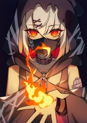  1girl bare_shoulders black_background black_collar bracelet collar colored_inner_hair covered_mouth fire gauze_on_arm grey_hair hair_between_eyes hair_ornament hairclip hashtag-only_commentary highres hood hood_up jewelry long_sleeves looking_at_viewer mahou_shoujo_no_majo_saiban mask mouth_mask multicolored_hair parallel_hairclips pyrokinesis red_eyes red_hair shito_alisa short_hair simple_background solo straight-on tierra_misu torn_hood two-tone_hair upper_body x_hair_ornament 