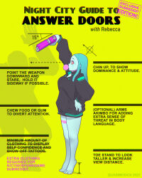  1girl aiming arm_up artist_name barefoot black_jacket blowing_bubble_gum bra breasts chewing_gum colored_sclera colored_skin commentary cyberpunk cyberpunk:_edgerunners cyberpunk_(series) cyborg english_commentary english_text full_body gangsta_hold green_hair gun hand_on_own_hip handgun highres holding holding_gun holding_weapon jacket leg_tattoo long_hair petite pointing_out_the_details quasimodox rebecca_(cyberpunk) red_eyes red_sclera reddit revision small_breasts solo_focus standing stomach_tattoo tattoo tiptoes underwear weapon white_skin yellow_background 