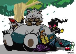  1girl :> backpack bag banette beanie blue_hat blue_shorts cellphone closed_eyes closed_mouth commentary crossed_arms drooling fangs floating food fruit grin hat highres holding holding_food holding_fruit leaf long_hair lying nostrils official_artist_extra on_back open_mouth orange_hair osare_graffiti phone pokemon pokemon_(creature) primeape purple_bag red_socks rotom rotom_phone saliva shade shirt shoes shorts signature simple_background sitting sleeping smartphone smile snorlax socks tree untranslatable_commentary vigoroth white_background white_shoes yellow_shirt 