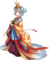  1girl blue_hair brown_eyes double_bun folding_fan full_body hair_bun hand_fan hina_ningyou hirabitai holding holding_fan japanese_clothes kantai_collection karaginu_mo kimono layered_kimono official_alternate_costume official_art samuel_b._roberts_(hinamatsuri)_(kancolle) samuel_b._roberts_(kancolle) short_hair smile solo standing third-party_source transparent_background zeco 