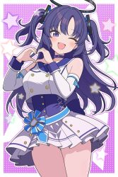  1girl black_halo blue_archive blue_sailor_collar blush choker commentary cowboy_shot detached_sleeves hair_ornament halo hands_up heart heart_hands highres idol idol_clothes long_hair looking_at_viewer mechanical_halo miniskirt mischievous_straight_uniform_(blue_archive) odorukaminoke official_alternate_costume one_eye_closed open_mouth purple_choker purple_hair sailor_collar skirt smile solo star_(symbol) triangle_hair_ornament two_side_up violet_eyes waist_ribbon white_skirt yuuka_(blue_archive) 