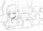  1girl anger_vein bed blush breasts cleavage lineart long_hair looking_at_viewer lying monochrome on_stomach ratsuku_kinoko sketch solo 