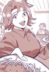  1boy 1girl beard beer_mug blush buttons clint_(stardew_valley) collared_shirt commentary cup emily_(stardew_valley) facial_hair food highres holding holding_cup holding_plate indoors kknggames looking_at_another looking_at_viewer monochrome mug mustache pasta plate shirt short_hair spaghetti stardew_valley 