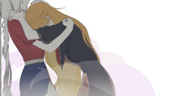  2girls absurdres blonde_hair dress grey_hair hands_on_another's_head hands_on_another's_neck hashtag-only_commentary highres junko_(touhou) ktsis long_hair multiple_girls simple_background tabard touhou yagokoro_eirin 