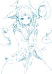  1girl hat monochrome simple_background smile solo staff touon white_background witch_hat 
