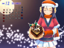 1girl 2006 ^_^ black_gloves black_hair bow cake calendar_(medium) chocolate_cake christmas closed_eyes closed_mouth cowboy_shot december detached_sleeves elbow_gloves food full_moon fur-trimmed_headwear fur-trimmed_scarf fur-trimmed_shirt fur-trimmed_sleeves fur_trim gloves hair_between_eyes hair_bow happy hat heart heart-shaped_cake heart-shaped_food holding holding_cake holding_food holding_plate holly long_hair miniskirt moon night nyaou_(round_facer) original plate pleated_skirt red_hat red_ribbon red_scarf red_shirt red_sleeves ribbon santa_hat scarf shirt skirt sleeves_past_wrists solo standing v-neck white_skirt yellow_bow 