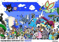  2023 6+boys 6+girls alolan_meowth alolan_raichu annihilape aurorus blue_sky chansey closed_mouth cofagrigus commentary confetti copyright_name day diglett drednaw english_commentary espathra farigiraf floating flygon flying gallade garchomp gengar geodude gligar golurk grin gyarados heliolisk heracross highres jigglypuff lairon meowth multiple_boys multiple_girls on_head open_mouth osare_graffiti outdoors pikachu pokemon pokemon_(creature) pokemon_on_head pokemon_world_championships riding riding_pokemon rillaboom rolling_suitcase scolipede ship signature sky smile snorlax suitcase teeth tropius watercraft 