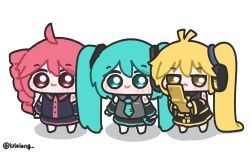  3girls :< ahoge akita_neru antenna_hair black_shirt black_skirt blonde_hair blue_eyes blue_hair blue_necktie cellphone chibi chibi_only closed_mouth detached_sleeves drill_hair flip_phone grey_shirt hatsune_miku highres holding holding_phone jitome kasane_teto long_hair looking_at_viewer lulalang multiple_girls necktie phone red_eyes red_hair shirt side_ponytail simple_background skirt sleeveless sleeveless_shirt smile standing triple_baka_(group) twin_drills twintails twitter_username utau vocaloid white_background yellow_eyes 