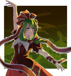  1girl absurdres blunt_bangs bow collared_dress dancing dress green_eyes green_hair green_nails hair_bow hair_ribbon highres kagiyama_hina red_bow red_ribbon ribbon solo touhou wrist_ribbon yinshou83 