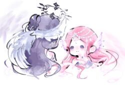  2girls alternate_color bare_shoulders bead_choker beads bikini black_halo blindfold blue_bikini blue_eyes chibi chinese_commentary circlet closed_mouth commentary_request crimson_feather_(infinity_nikki) cropped_torso face-to-face feathered_wings fengmi_youzi_hua fins hair_beads hair_bun hair_ornament halo head_fins head_wings highres infinity_nikki light_blush long_hair looking_at_another multiple_girls nikki_(series) official_alternate_color pink_hair purple_hair shell shell_bikini simple_background single_hair_bun smile snowy_ballad_(infinity_nikki) solid_circle_eyes spiked_halo swimsuit very_long_hair wavy_hair white_background white_wings wings 