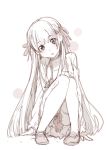  1girl bunbun long_hair looking_at_viewer monochrome simple_background sitting solo very_long_hair white_background 