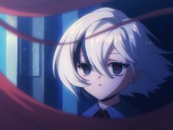  2girls arlecchino_(genshin_impact) artist_name black_eyes black_hair chinese_commentary clervie_(genshin_impact) commentary_request floating_hair genshin_impact highres koshikun looking_at_another multicolored_hair multiple_girls parted_lips peruere_(genshin_impact) red_hair red_pupils short_hair solo_focus streaked_hair symbol-shaped_pupils white_hair x-shaped_pupils 