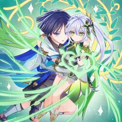  1boy 1girl anklet armlet armor belt black_belt black_bodysuit black_bridal_gauntlets black_hair black_sandals black_shorts bloomers blue_cape blue_sleeves blunt_ends bodysuit bracelet branch bridal_gauntlets bright_pupils cape caramelo_game carrying carrying_person closed_mouth colored_tips commentary_request cross-shaped_pupils dendro_symbol_(genshin_impact) detached_sleeves dress eyelashes eyeliner frown furisode gem genshin_impact gold gold_trim green_background green_cape green_eyes green_gem green_hair green_sleeves hakama hakama_shorts hand_on_another's_shoulder highres hug_from_side japanese_armor japanese_clothes jewelry kimono knees_together_feet_apart kote kurokote layered_sleeves leaf leg_warmers long_hair looking_at_viewer makeup mandarin_collar multicolored_hair nahida_(genshin_impact) open_hand open_mouth outstretched_arm pleated_shorts purple_rope purple_sash red_eyeliner rope sandals sash scaramouche_(genshin_impact) short_sleeves shorts side_ponytail sidelocks single_bare_shoulder socks stirrup_legwear symbol-shaped_pupils toeless_legwear toeless_socks toes tsurime violet_eyes wanderer_(genshin_impact) white_bloomers white_dress white_hair white_kimono white_leg_warmers white_pupils white_sleeves white_socks wispy_bangs zouri 