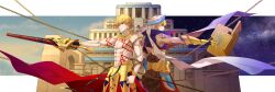  2boys arabian_clothes armor babylonia_(fate/grand_order) blonde_hair blue_vest cropped_vest cross_akiha dingir_(fate) dual_persona ea_(fate) enkidu_(weapon)_(fate) fate/grand_order fate_(series) gauntlets gilgamesh_(caster)_(fate) gilgamesh_(fate) gold_armor highres holding holding_weapon male_focus multiple_boys red_eyes short_hair shoulder_tattoo single_gauntlet stone_tablet tattoo topless_male turban vest weapon white_turban 