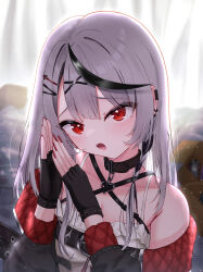  1girl absurdres black_collar black_gloves black_jacket black_streaks blush camisole collar commentary_request fingerless_gloves gloves grey_hair hair_ornament hairpin highres hololive jacket long_hair looking_at_viewer multicolored_hair nail_polish open_mouth own_hands_together red_eyes red_nails sakamata_chloe sakamata_chloe_(1st_costume) solo streaked_hair takotakochan_1006 virtual_youtuber white_camisole x_hair_ornament 