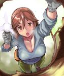  1girl blush breasts brown_eyes brown_hair cleavage fanny_pack fisheye flashlight from_above gloves large_breasts looking_at_viewer older open_mouth rozen_maiden short_hair solo souseiseki sweat tsuda_nanafushi 