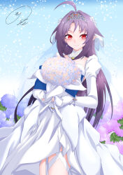  1girl absurdres ahoge alternate_costume bouquet bride commentary_request cowboy_shot dress elbow_gloves flower gloves highres holding holding_bouquet long_dress long_hair looking_at_viewer maximum7010 pink_flower pointy_ears purple_flower purple_hair red_eyes signature smile solo sword_art_online tiara wedding wedding_dress white_dress white_gloves yellow_flower yuuki_(sao) 