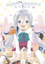  2026 admiral_(kancolle) blue_hair burger chicken_(food) chicken_leg collared_shirt colored_inner_hair commentary_request dress dress_shirt drink feeding food gloves grey_eyes grey_hair halter_dress halterneck happy_birthday highres kantai_collection kiyoshimo_(kancolle) kujira_naoto low_twintails macaron multicolored_hair musashi_(kancolle) onigiri open_mouth partially_fingerless_gloves pizza pudding purple_dress round_teeth shirt solo_focus sushi teeth twintails upper_teeth_only white_shirt yamato_(kancolle) yuugumo_(kancolle) 