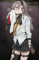  1girl asymmetrical_legwear black_bow black_skirt black_thighhighs bow breasts closed_mouth collared_shirt commentary_request commission cowboy_shot dress_shirt girls'_frontline_2:_exilium girls_frontline grey_hair hair_behind_ear hair_bow half-closed_eyes highres holding holding_towel leva_(girls'_frontline_2) long_hair long_sleeves looking_at_viewer loose_necktie mechanical_arms mismatched_legwear necktie one_eye_closed one_side_up partially_unbuttoned pleated_skirt scar scar_across_eye scar_on_face shirt skeb_commission skindentation skirt sleeves_rolled_up small_breasts smile solo steaming_body thigh-highs thigh_strap torn_clothes torn_thighhighs towel ump45_(girls'_frontline) uno_ryoku white_shirt wiping_face yellow_necktie 
