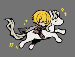  1girl blonde_hair boots brown_boots cape closed_eyes closed_mouth commentary dated_commentary don_quixote_(project_moon) e.g.o_(project_moon) grey_background grey_cape horseback_riding jacket la_sangre_de_sancho_(e.g.o) limbus_company official_art pants project_moon riding short_hair simple_background sleeping solo sparkle striped_clothes striped_jacket striped_pants untranslatable_commentary 