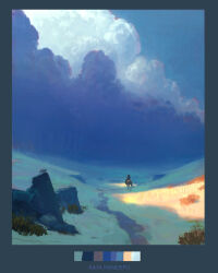  1boy animal artist_name blue_border blue_clouds blue_sky blue_theme border clouds cloudy_sky commentary english_commentary from_behind hat highres horse horseback_riding landscape original painterly path raja_nandepu riding rock samurai scenery sky sunlight 