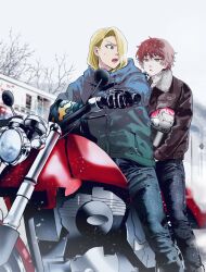 2boys absurdres alternate_costume asako_(itiba) asymmetrical_bangs bare_tree black_gloves brown_eyes brown_gloves coat deidara_(naruto) drink eyeliner fur_trim gloves hair_over_one_eye helmet highres holding jacket looking_at_another makeup male_focus medium_hair motor_vehicle motorcycle multiple_boys naruto_(series) naruto_shippuuden on_motorcycle outdoors red_hair sasori_(naruto) short_hair sitting sky snow sweatdrop tree unworn_headwear unworn_helmet white_sky winter winter_clothes 
