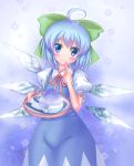  1girl ahoge blue_eyes blue_hair blush cirno em_s finger_to_mouth hair_ribbon ice ice_wings ribbon shaved_ice solo tears touhou wings 