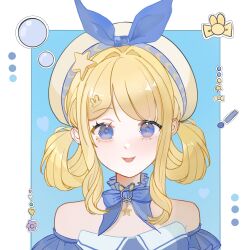  1girl bare_shoulders beret blonde_hair blue_background blue_bow blue_bowtie blue_choker blue_dress blue_eyes blue_sleeves border bow bow_choker bowtie brooch bubble bubbly_voyage_(infinity_nikki) chinese_commentary choker collared_dress color_guide commentary_request detached_sleeves dot_nose dress eyelashes frilled_choker frilled_sleeves frills hair_intakes hair_ornament hair_rings hairclip happy hat hat_bow hat_ornament heart highres infinity_nikki jewelry light_blush nikki_(series) open_mouth outside_border rabbit_hair_ornament short_hair_with_long_locks short_sleeves sidelocks smile solo star_(symbol) star_hat_ornament straight-on strapless strapless_dress upper_body white_border white_hat xiaobaodebao10722 