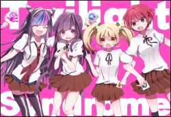  5girls black_eyes black_hair black_ribbon black_thighhighs blonde_hair blood blood_on_arm blood_on_hand blue_hair blue_streaks bone_print bow breast_pocket brown_skirt closed_eyes collared_shirt commentary_request danganronpa_(series) danganronpa_2:_goodbye_despair english_text freckles green_bow hair_bow hair_horns holding hope's_peak_academy_school_uniform koizumi_mahiru locked_arms long_hair middle_finger mioda_ibuki multicolored_hair multiple_girls neck_ribbon necktie open_mouth orange_eyes pink_background pink_blood pink_hair pink_streaks pocket purple_hair red_hair red_necktie ribbon saionji_hiyoko sato_(danganronpa) school_uniform shine5s shirt short_hair short_sleeves simple_background skirt smile socks spoilers streaked_hair sweatdrop tearing_up thigh-highs tsumiki_mikan twintails violet_eyes white_hair white_shirt white_socks 