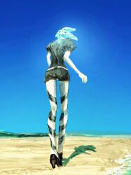  1girl beach black_shirt black_shoes black_shorts blue_hair blue_sky clear_sky commentary_request crystal_hair day from_behind full_body houseki_no_kuni long_legs outdoors phosphophyllite puffy_short_sleeves puffy_sleeves shadow shirt shoes short_hair short_shorts short_sleeves shorts sky snali3151 solo walking 