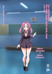  1girl absurdres ahoge artist_name bilingual_commentary black_jacket black_shoes black_skirt blazer character_name classroom clock closed_mouth commentary copyright_name cosplay dress_shirt english_text hair_intakes hair_ribbon hanazono_hakari hanazono_hakari_(cosplay) highres hondo_kaede indoors jacket kimi_no_koto_ga_dai_dai_dai_dai_daisuki_na_100-nin_no_kanojo kobayashi_mikuru loafers long_hair looking_at_viewer meitantei_precure! miniskirt mixed-language_commentary neck_ribbon pleated_skirt precure purple_hair purple_ribbon red_ribbon ribbon school_uniform shirt shoes signature skirt smile solo standing two_side_up voice_actor_connection white_shirt wing_collar yudi_08081998 