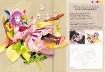  1girl absurdres bespectacled book bookmark capelet character_name crescent cup dress flower glasses hair_flower hair_ornament hat hat_flower highres long_hair long_sleeves looking_down mob_cap open_book patchouli_knowledge purple_hair reading scan shihou_(g-o-s) shoes sitting sketch solo spoon sunflower table tea teacup teapot text thigh-highs touhou violet_eyes 