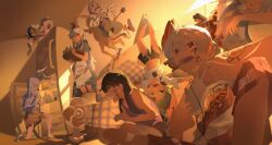  6+girls absurdres alternate_costume anger_vein angry animal animal_ears bad_link bag_of_chips bird_wings black_shorts blue_dress blue_hat bow camisole chips_(food) cirno closed_mouth commentary_request controller drawing_on_another's_face dress drink_carton eel electric_fan fish food fruit fujiwara_no_mokou fumo_(doll) game_controller green_eyes green_hair grey_hair hair_bow hat highres holding holding_animal holding_controller holding_fish holding_game_controller holding_ladle holding_tray houraisan_kaguya inaba_tewi indoors kamishirasawa_keine kinoko_(kino2435006) ladle long_hair midriff milk_carton multiple_girls mystia_lorelei navel open_mouth pink_camisole pink_dress pink_slippers playing_games playing_video_games puffy_short_sleeves puffy_sleeves purple_hair rabbit_ears rabbit_girl red_eyes refrigerator reisen_udongein_inaba shirt short_sleeves shorts sitting skirt slippers smile socks touhou translation_request tray two-tone_dress very_long_hair watermelon watermelon_slice white_shirt white_skirt white_socks wings wriggle_nightbug yagokoro_eirin 