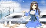  1girl blush breasts brown_hair long_hair looking_at_viewer open_mouth rabbit sky_(freedom) smile snowing star train 