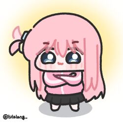  1girl aura black_skirt blue_eyes bocchi_the_rock! chibi chibi_only closed_mouth commentary_request crossed_arms full_body gotoh_hitori hair_wagging highres jacket korean_commentary long_hair looking_at_viewer lulalang one_side_up pink_hair pink_jacket simple_background skirt smile solo standing twitter_username white_background 