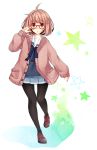  absurdres ahoge brown_eyes brown_hair cardigan glasses highres kuriyama_mirai kyoukai_no_kanata loafers pantyhose school_uniform shoes short_hair skirt sleeves_past_wrists wakatsuki_you 