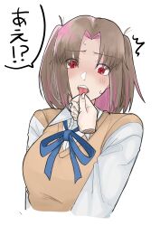  1girl absurdres blue_ribbon blush breasts brown_hair cardigan fang highres large_breasts multicolored_hair open_mouth parted_bangs pink_hair ribbon school_uniform shirt speech_bubble sukology_28 surprised sweat tongue tongue_grab tongue_out tsukihime twintails two-tone_hair white_shirt yellow_cardigan yumizuka_satsuki 