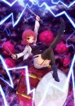  1girl black_legwear drum drumsticks garter_straps highres horikawa_raiko instrument looking_at_viewer miruki mitsudomoe_(shape) necktie red_eyes redhead short_hair skirt solo thighhighs tomoe_(symbol) touhou wink 