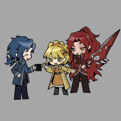  1boy 2girls :d anger_vein blonde_hair blue_hair blue_jacket blue_pants bow bow_hairband bowtie braid chesed_(project_moon) chibi chibi_only chinese_commentary cigarette closed_eyes coat commentary_request crown_braid curtained_hair dress e.g.o_(project_moon) gebura_(project_moon) green_eyes grey_background grey_eyes hairband heterochromia high_ponytail highres holding holding_sword holding_weapon jacket library_of_ruina long_hair low_ponytail mimicry_(e.g.o) multiple_girls open_clothes open_coat orange_bow orange_bowtie orange_dress orange_hairband pants parody pointing ponytail project_moon red_hair red_jacket smile style_parody sweatdrop sword tiphereth_a_(project_moon) very_long_hair weapon yellow_coat yellow_eyes zomerm 