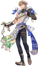  1boy abs animal animal_on_shoulder arm_belt asymmetrical_sleeves bags_under_eyes belt black_gloves black_pants blonde_hair blue_flower blue_gem blue_headband bracelet brown_belt brown_choker choker clothed_animal clothing_cutout elbow_gloves ermine fingerless_gloves flower full_body gem gloves hair_vines headband highres holding hood hood_down infinity_alpha_studio jacket jewelry large_pectorals looking_at_viewer male_focus muscular muscular_male navel nu_carnival official_alternate_costume official_art open_clothes open_jacket orange_eyes pants parted_lips pectorals plant quincy_(buckeye_miracle)_(nu_carnival) quincy_(nu_carnival) sandals short_hair simple_background single_bare_shoulder solo tachi-e tassel tattoo thigh_strap topper_(nu_carnival) turtleneck vines weasel white_belt yellow_gem 