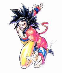  1boy black_hair dragon_ball dragon_ball_gt highres monkey_tail open_mouth pants signature simple_background solo son_goku spiky_hair super_saiyan super_saiyan_4 tail to_the_maxio white_background yellow_pants 