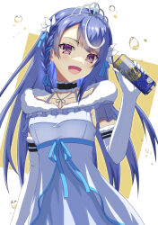  1girl :d absurdres black_choker blue_hair blue_ribbon braid breasts choker collarbone commentary_request dress elbow_gloves frilled_choker frills fur-trimmed_gloves fur_trim gloves hand_up highres kokorone_awayuki light_blush long_hair looking_at_viewer multicolored_hair open_mouth parted_bangs ribbon sleeveless sleeveless_dress small_breasts smile solo straight_hair streaked_hair tiara two-tone_background two-tone_choker two-tone_hair underbust upper_body user_vufv7252 violet_eyes vtuber_nandaga_haishin_kiriwasuretara_densetsu_ni_natteta waist_ribbon white_background white_choker white_dress white_gloves white_hair yellow_background 