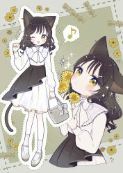  1girl ;d absurdres animal_ears aobahosino bag black_hair blush bow bowtie cat_ears cat_girl cat_tail closed_mouth commentary dot_nose dress flower full_body green_background hand_up highres holding holding_bag holding_flower long_hair long_sleeves looking_at_viewer multiple_views one_eye_closed open_mouth original outline shoes smile socks standing sunflower tail untranslatable_commentary white_bow white_bowtie white_dress white_outline white_shoes white_socks wispy_bangs yellow_eyes yellow_flower 