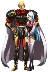  1boy 1girl arm_around_shoulder armor armored_boots beard_stubble behind_another black_armor blonde_hair blue_eyes blue_hair boots breastplate cape closed_mouth cuisses curtained_hair facial_hair faulds full_body game_cg gerold_(langrisser) gold_trim hair_over_one_eye hand_on_another's_shoulder hand_on_own_hip height_difference high_heels highres knee_boots knee_guards langrisser langrisser_iii langrisser_mobile layla_(langrisser) leotard long_hair looking_at_viewer official_art orange_eyes pants pauldrons red_pants red_shirt shirt short_hair shoulder_armor simple_background smile standing stubble tachi-e thigh-highs third-party_source transparent_background very_long_hair white_cape white_leotard white_thighhighs zettai_ryouiki 