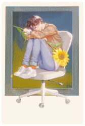  1boy absurdres black_hair blue_pants border chair chinese_commentary closed_mouth commentary_request denim flower full_body glasses highres holding holding_flower jeans kelaienmiao klein_moretti knees_up long_sleeves looking_at_viewer lord_of_the_mysteries male_focus office_chair on_chair orange_socks painting_(object) pants picture_frame plaid_clothes plaid_shirt shirt shoes short_hair sitting smile sneakers socks solo sunflower swivel_chair white_shoes yellow_flower zhou_mingrui 