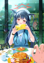  2girls absurdres beret black_horns blue_archive blue_dress blue_halo brown_horns cat demon_girl demon_horns dress felnemo food frying_pan fuuka_(blue_archive) fuuka_(casual)_(blue_archive) german_clothes hair_on_horn halo hat heart heart_necklace heart_pendant highres holding holding_frying_pan holding_phone horns jewelry juri_(blue_archive) juri_(part-time)_(blue_archive) maid multiple_girls necklace official_alternate_hairstyle pan-chan_(blue_archive) pancake pancake_stack phone pov red_halo solo_focus sparkle watch watch white_hat 